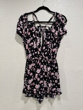 Promesa Black Floral Romper Dress with Pink Accents